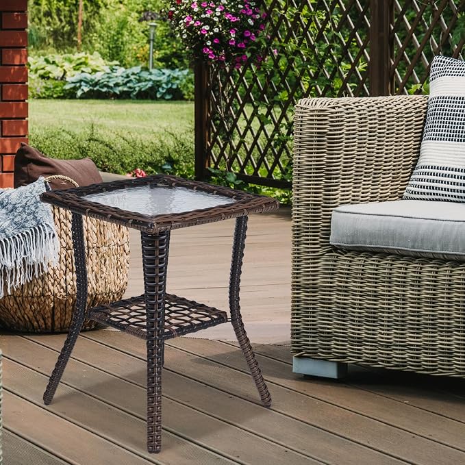 VINGLI Outdoor Side Table with Storage Wicker Patio Side Table, Tempered Glass - Image 7