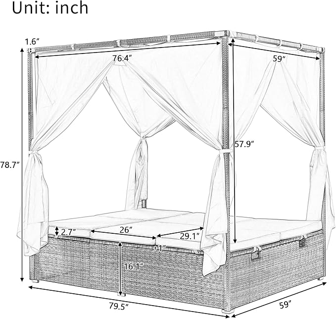 Patio Chaise Lounge, Four-sided Canopy, Overhead Curtain and Blue Cushions - Image 6