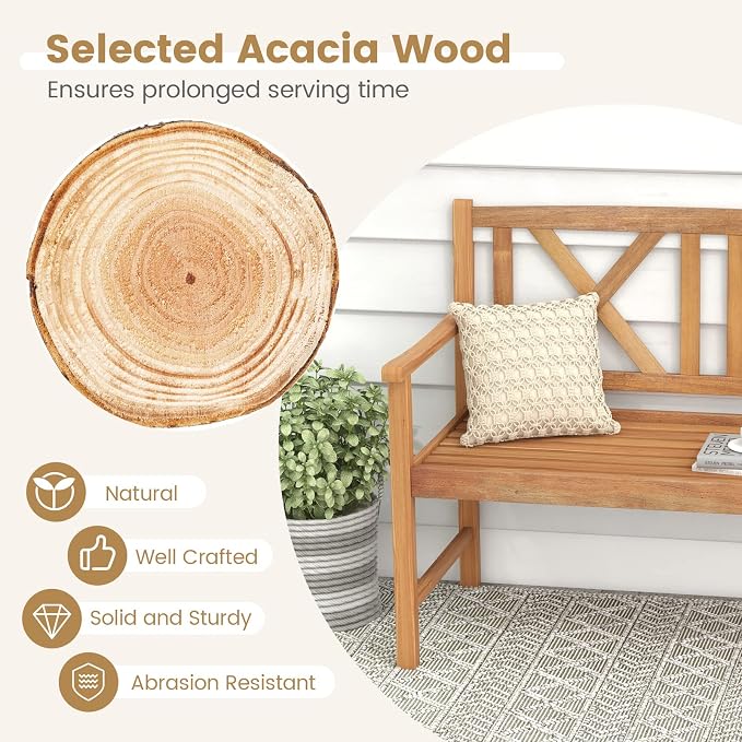 Tangkula Patio Acacia Wood Bench, 2-Person Outdoor Loveseat Chair, Cozy Armrest - Image 7