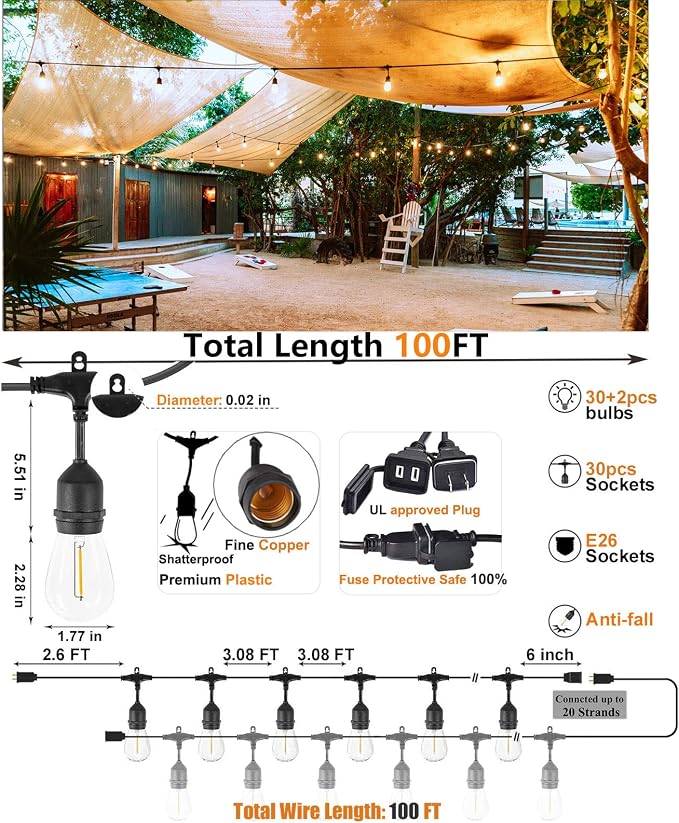 Outdoor Patio String Lights 100FT Waterproof IP65 Heavy Duty String Lights - Image 2