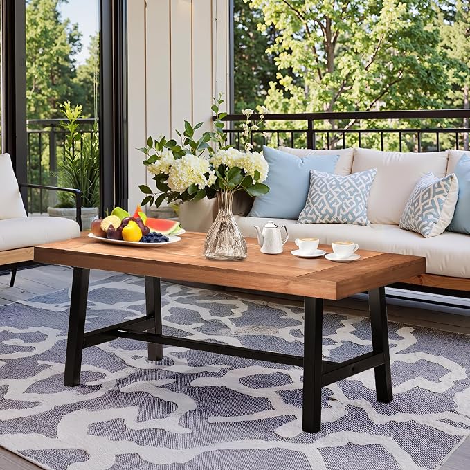 VINGLI Outdoor Wooden Coffee Table, Metal Frame Heavy Duty Patio Coffee Table - Image 2