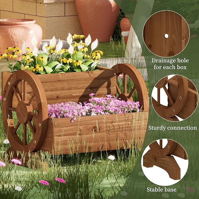 Wooden Wagon Planter Flower Cart - Image 3