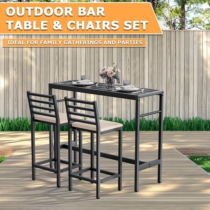 3 Piece Outdoor Patio Bar Set, 2 Cushioned 41" Bar Stools Modern Metal Outdoor - Image 4