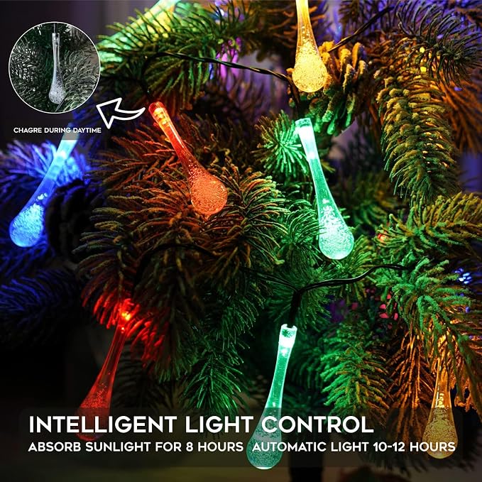 suddus 2 Pack 30 LED Solar String Lights Outdoor Waterproof, Water Drop Solar - Image 5