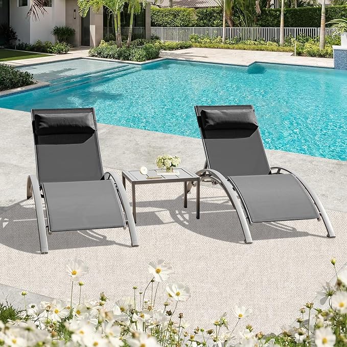 Domi Pool Lounge Chairs Set of 3, Adjustable Aluminum Outdoor Chaise Lounge by domioutdoorliving