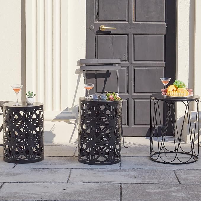Y&M Set of 3 Garden Black Accent Decorative Stool, Nesting Metal Round Coffee - Image 5