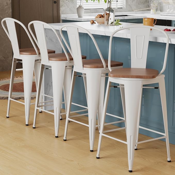 Alunaune 26" Swivel Metal Bar Stools Set of 4 High Back Counter Height by HomeFurniture