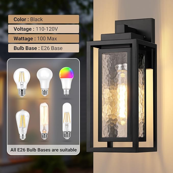 Water Ripple Outdoor Wall Lantern, Exterior Porch Light Fixture Black, 2 Pack - Image 6
