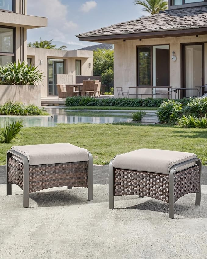 HUMMUH 2 Pieces Outdoor Wicker Ottomans-Outdoor Patio Ottoman - Image 2