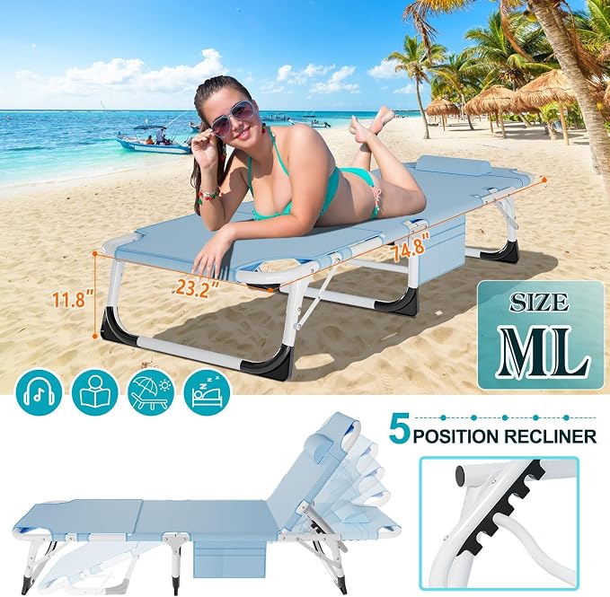 ABORON Oversized Folding Sun Tanning Chair, 3 in 1 Heavy Duty Chaise Lounge - Image 5
