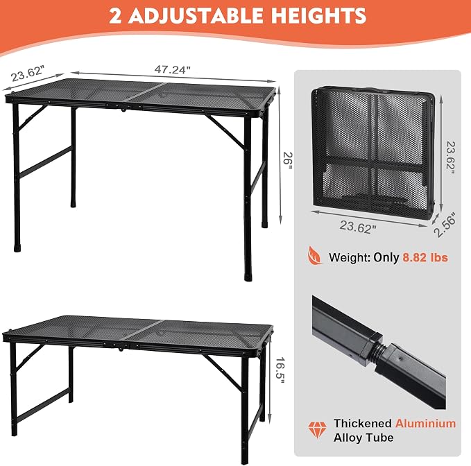 Camping Table with Mesh Desktop, Lightweight & Portable Folding Grill Table - Image 2
