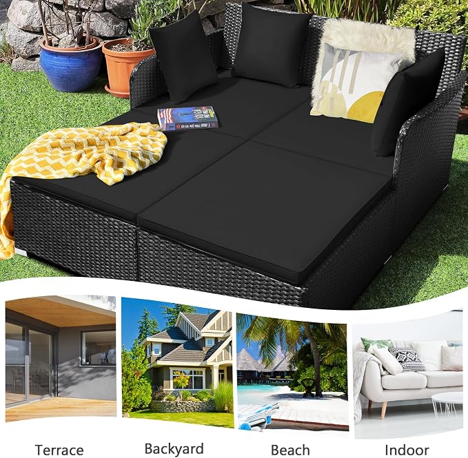 HAPPYGRILL Patio Rattan Daybed Outdoor Loveseat Sofa Set - Image 5