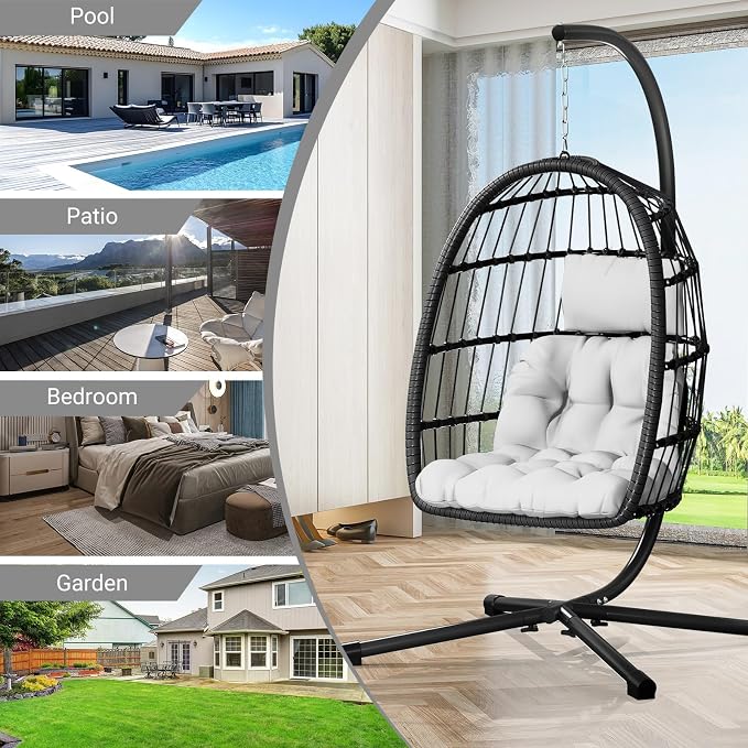 CHABATREE Egg Chair with Stand, Patio Rattan Wicker Hanging Swing Egg Chair - Image 6