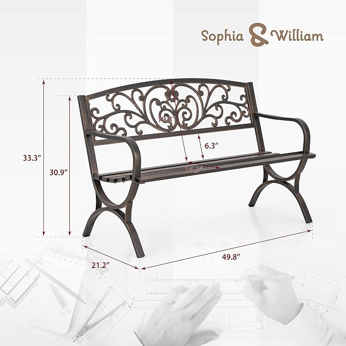 Sophia & William Metal Outdoor Bench, Cast Iron Park Benches - Image 3