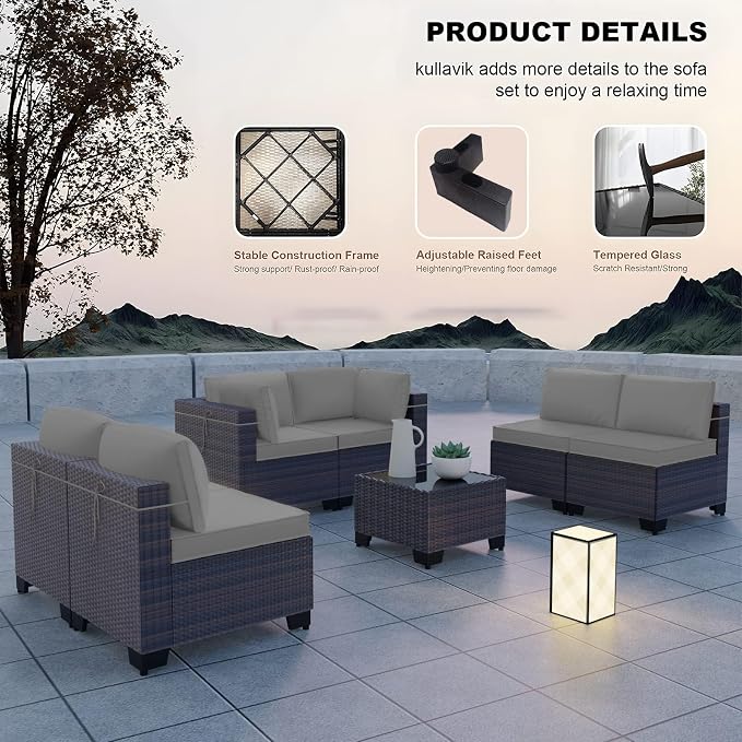 Kullavik 7 Pieces Outdoor Patio Furniture Set PE Wicker Rattan Sectional Sofa - Image 3