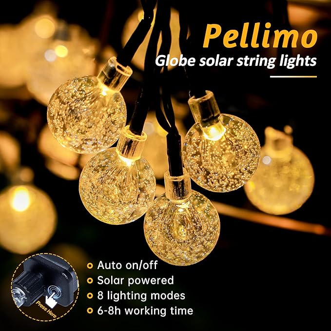 2-Pack 30 LED 20FT Solar String Lights Outdoor, Crystal Globe Lights - Image 2
