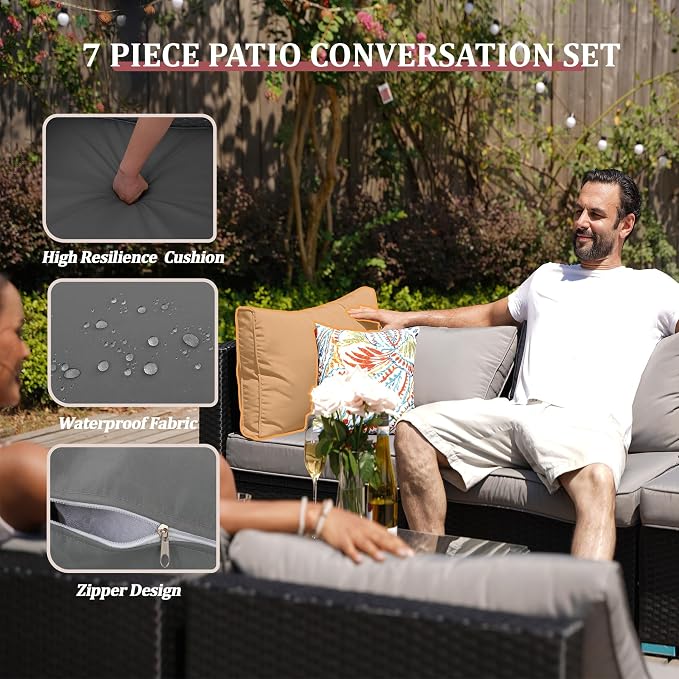 7 Piece Outdoor Patio Furniture Sets, Outdoor Wicker Conversatin Set w Glass - Image 3