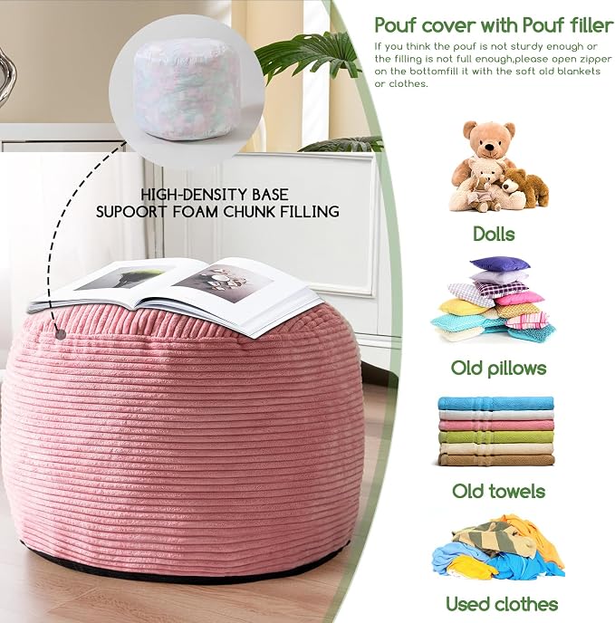 HIGOGOGO Round Stuffed Pouf Ottoman, Corduroy Poufs - Image 4