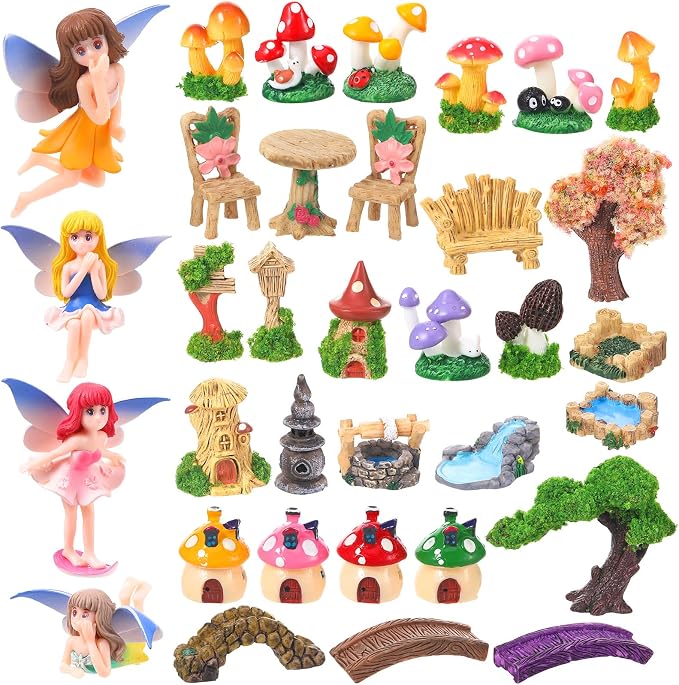 32 Pcs Fairy Garden Accessories Mini Fairy Figures Miniature Table and Chairs by GGSTDDUP