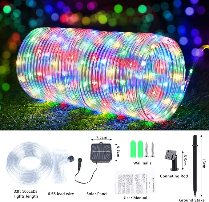 Solar Rope Lights, 33ft 100LED Solar String Lights, 8 Modes Waterproof Solar - Image 5