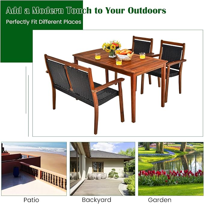 COSTWAY 4 Piece Patio Rattan Dining Furniture Set, Outdoor Acacia Wood Frame - Image 7