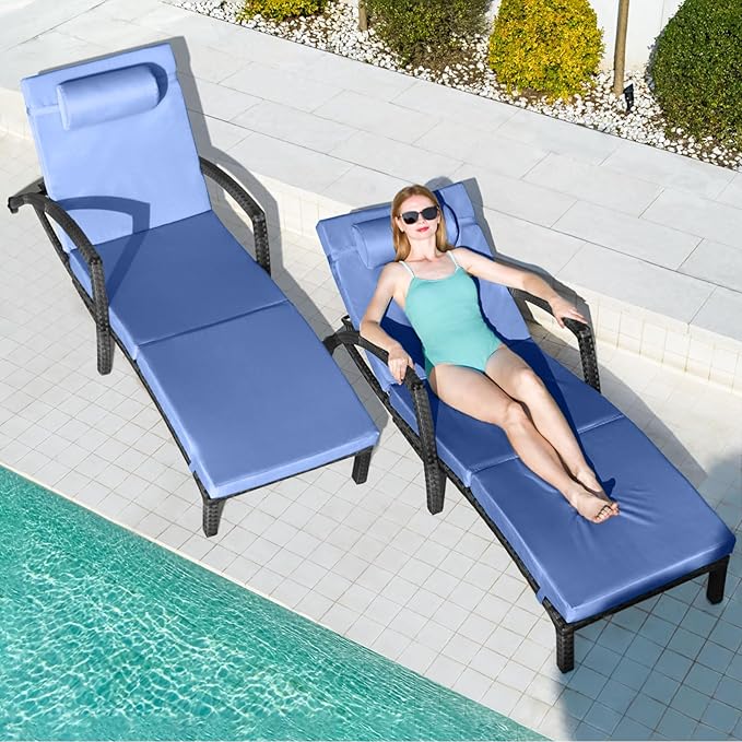 Chaise Lounge Chairs Outdoor Set of 2, Comfy Outside Wicker Patio Pool Lounge by ZZWHOM