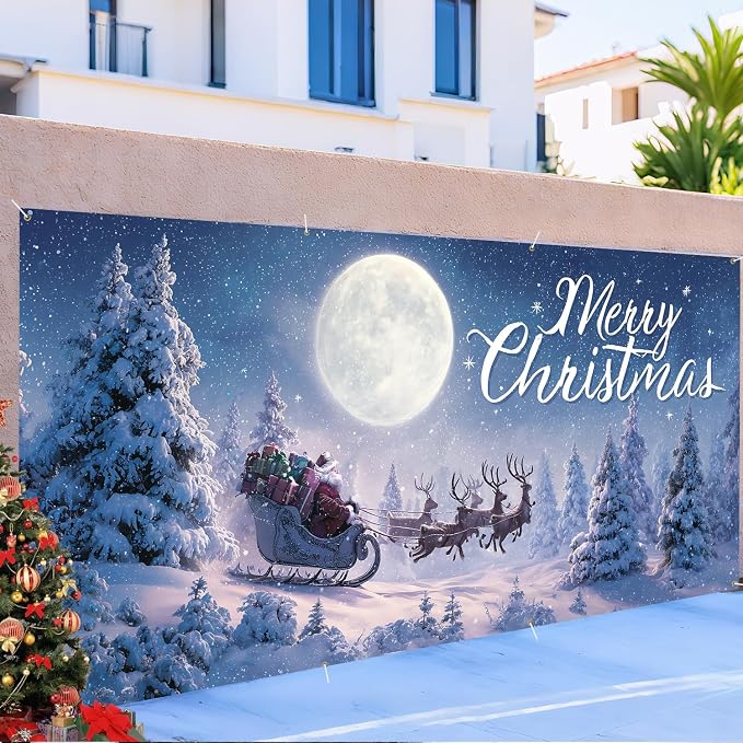 Merry Christmas Santa Sleigh Garage Door Decorations 6x13FT, Flying Reindeer - Image 6