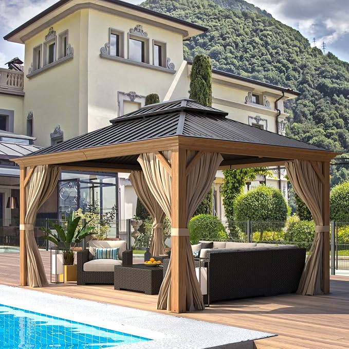 EROMMY 10'x12' Gazebo, Wood Grain Aluminum Frame Canopy - Image 9