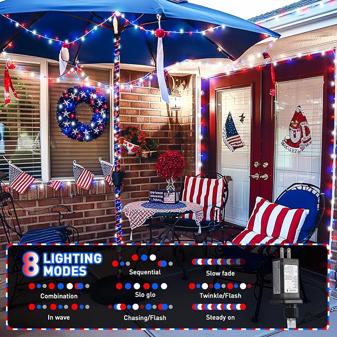 JMEXSUSS Red White and Blue Lights Clear Wire, 66 Ft 200 LED 4th of July - Image 2