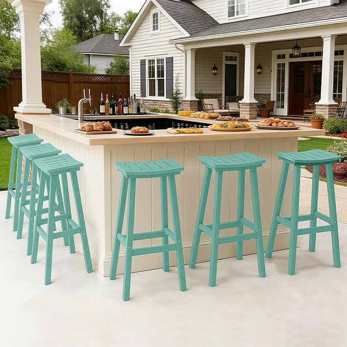 Outdoor Bar Stools Set of 6, 29 Inch All-Weather HDPE Bar Height Chairs - Image 7