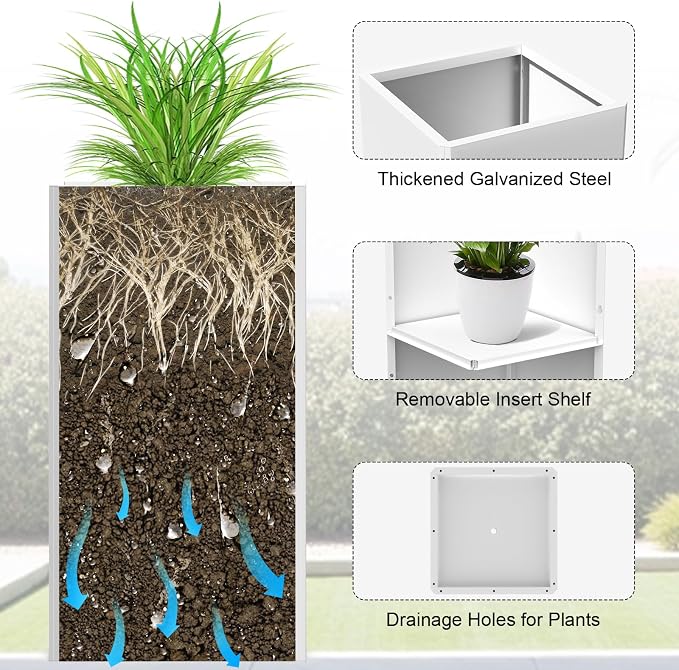 Galvanized Steel Metal Planter, 28 Inch White Square Outdoor Planters - Image 7