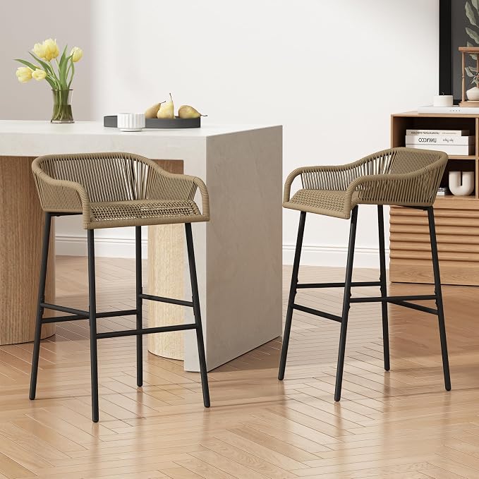 Christopher Knight Home Outdoor Patio Rope Weave Iron Barstools, Powder Coated - Image 4