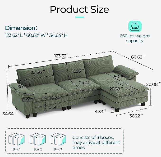 LINSY HOME 123'' Modular Sectional Sofa Green Couch Corduroy Cloud Couches - Image 2
