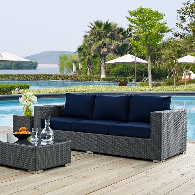 Modway Sojourn Wicker Rattan Outdoor Patio Sunbrella Fabric Sofa in Canvas Navy - Image 2