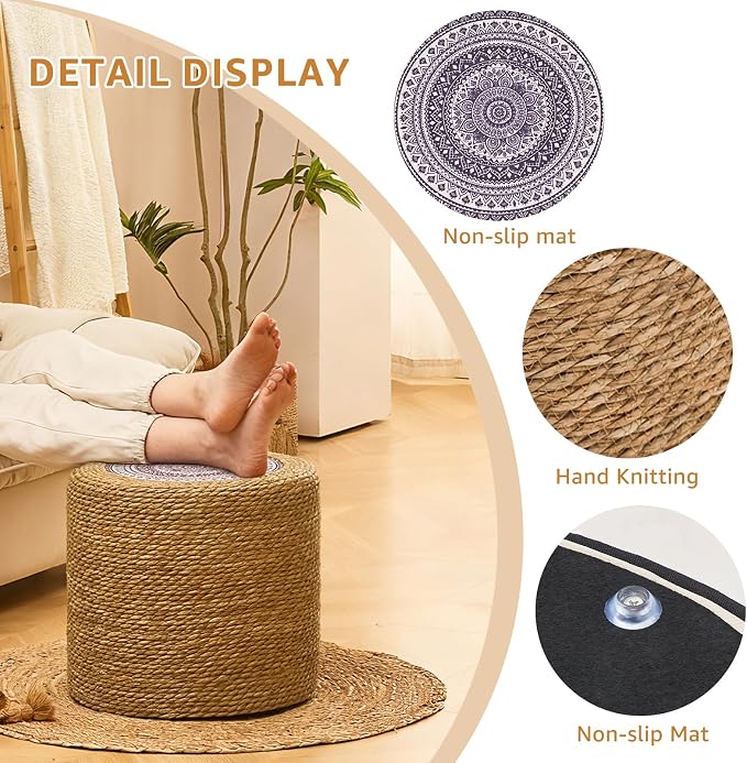 Wimarsbon 18'' Ottoman Pouf, Natural Braided Poof, Rustic Handweave Lounge - Image 6