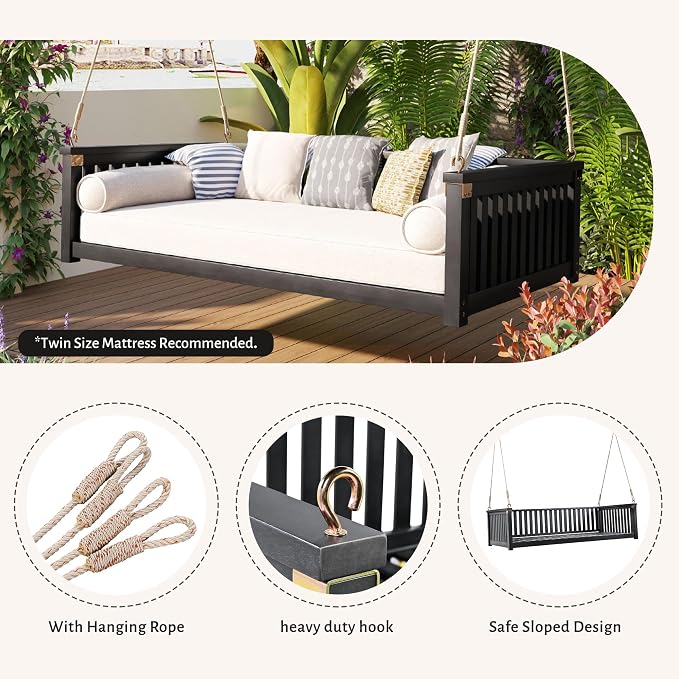 LUMISOL Patio Twin Size Garden Swing Bed, Wooden Porch Swing Frame - Image 5