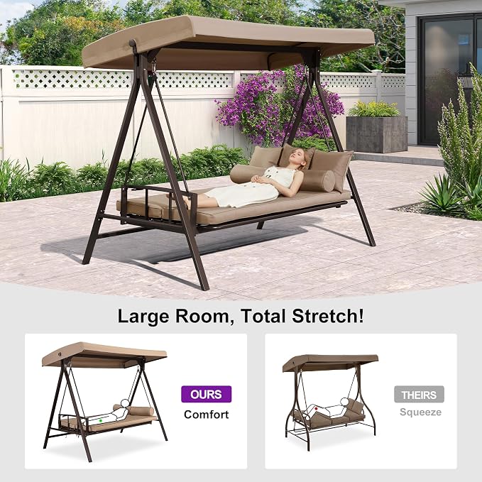 PURPLE LEAF Outdoor Patio Porch Swing Adjustable Backrest, 3-seat Swing Chair - Image 3