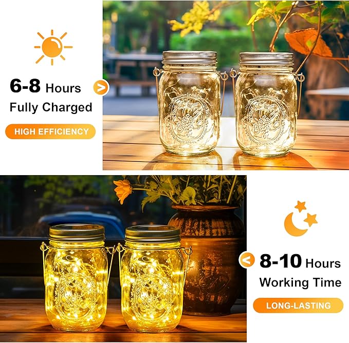 GIGALUMI Hanging Mason Jar Solar Lights, 6 Pack 30 Led Tinplate Lids Hanging - Image 5
