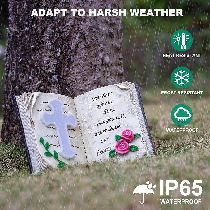 Outdoor Solar Memorial Cross Stakes Lights, Waterproof Book Statue Grave - Image 7
