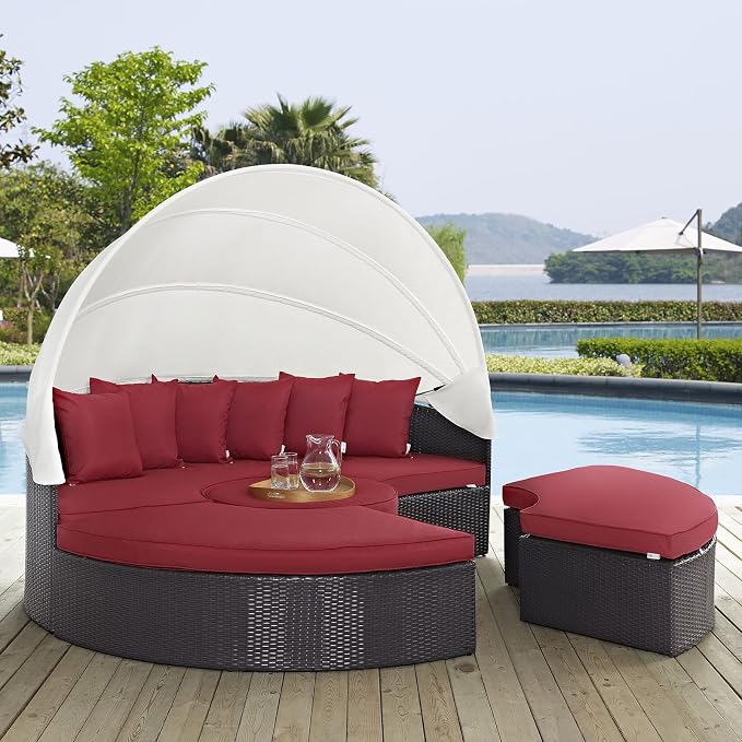 Modway Convene Wicker Rattan Outdoor Patio Retractable Canopy Round Poolside by Modway