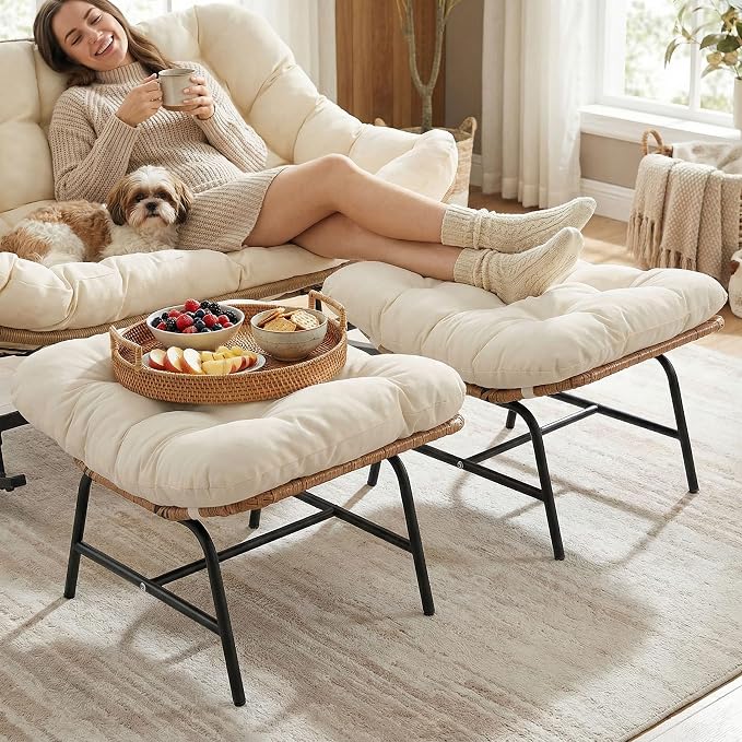 BULEXYARD 2 Pieces Outdoor Patio Ottomans, Indoor Outdoor Wicker Footrest - Image 2