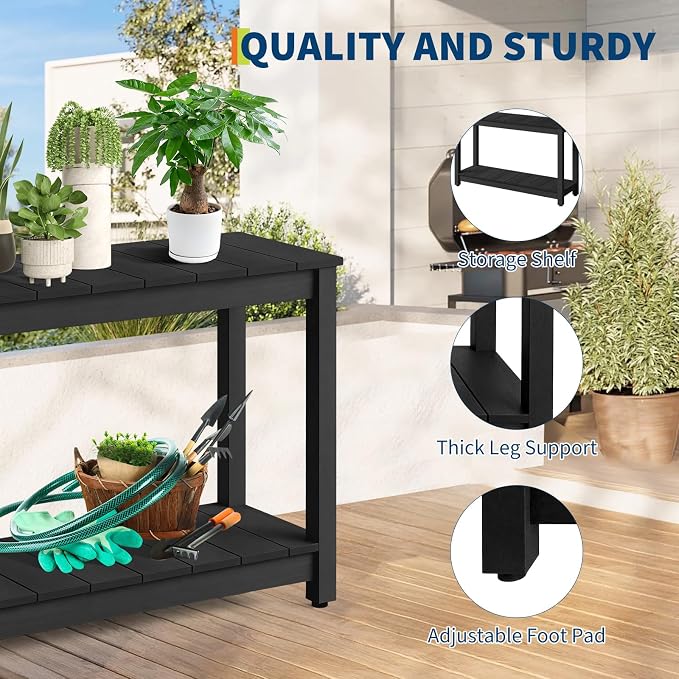 GarveeLife 48 Inch Outdoor Console Table, Wood All-Weather Side Table, 2-Tier - Image 4