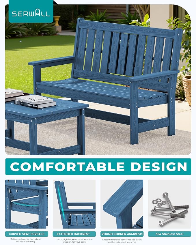 SERWALL Outdoor Bench with Cup Holder, All Weather Patio Benches with High - Image 5