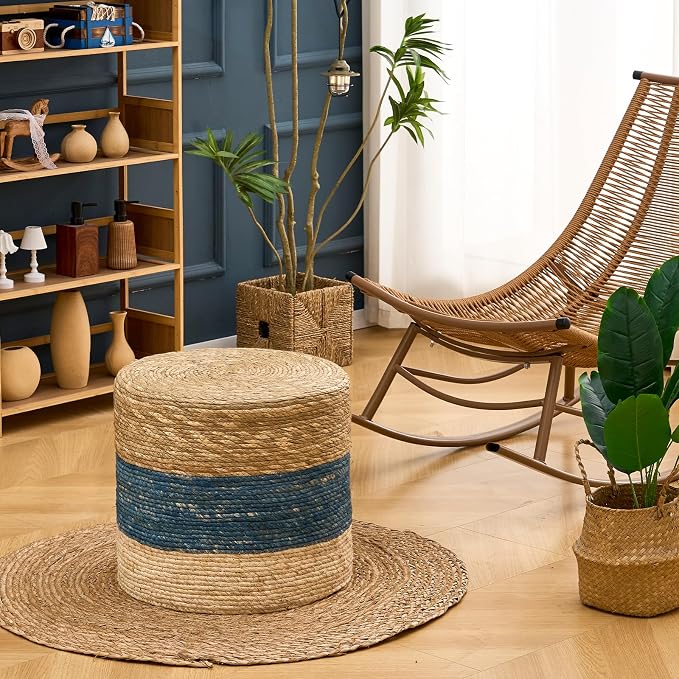 Wimarsbon 18'' Ottoman Pouf, Natural Braided Poof, Rustic Handweave Lounge - Image 2