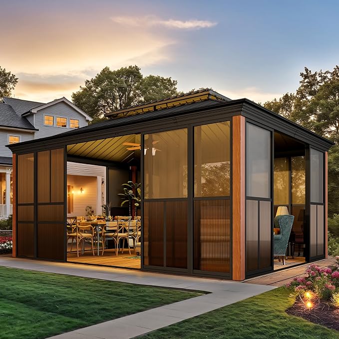 EROMMY 12' X 16' Hardtop Sunroom, Galvanized Steel Double Roof Gazebo Solarium by EROMMY