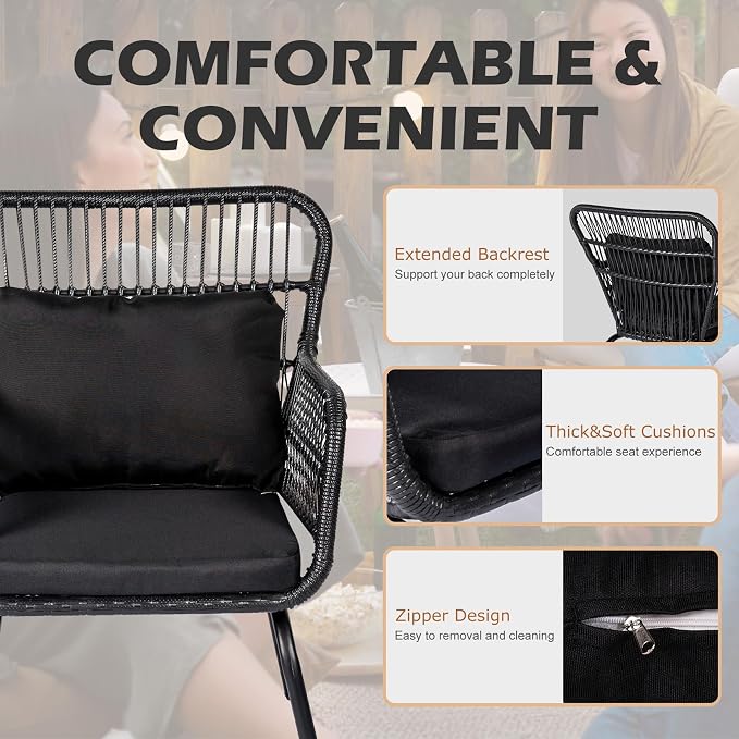 3 Piece Outdoor Wicker Furniture Bistro Set, Rattan Chairs Conversation Sets - Image 3