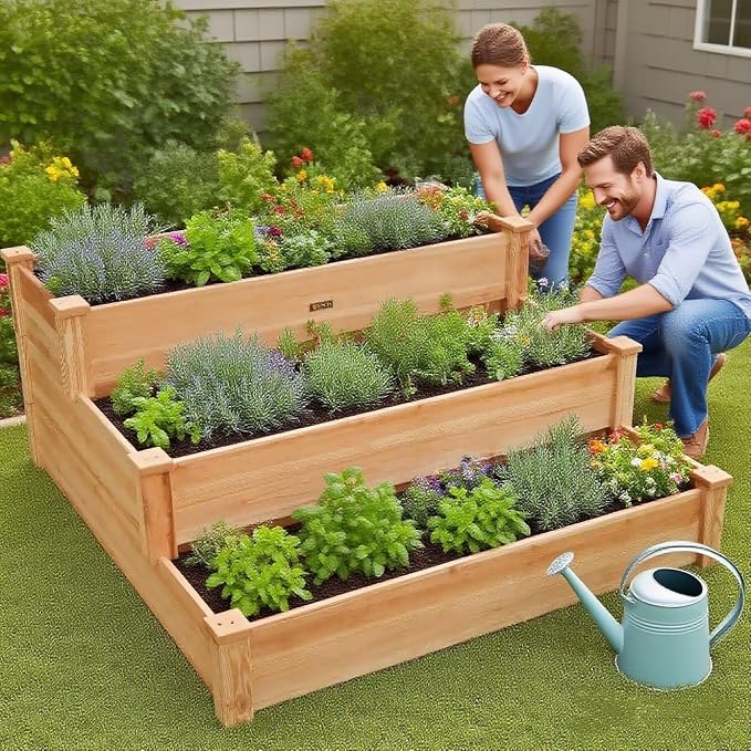3-Tier Raised Garden Bed with Fabric Liner, Wood Elevated Planter Box with - Image 7