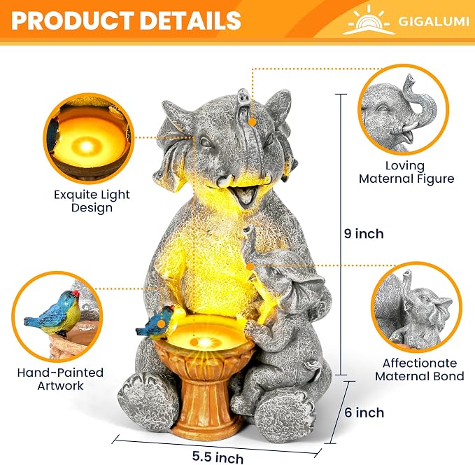 GIGALUMI Solar Garden Statues Bird Bath Elephant 9", Loving Elephant Decor - Image 2