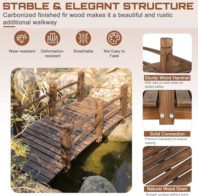 HOMEDIARY 5 FT Fir Wood Garden Bridge, Outdoor Stained Wood Arc Footbridge - Image 3