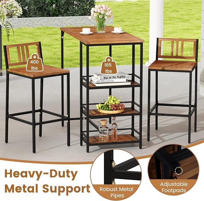 Tangkula Outdoor Wood Bar Set, 3 Pieces Patio Bar Height Table & Chair Set w/ - Image 6